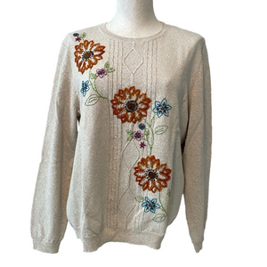 Alfred Dunner tan floral embroidered sweater sz L